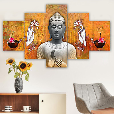 SWAMI SAMARTH WORLDWIDE Lord Buddha MDF UV Textured wall painting for Home decoration Digital Reprint 24 inch x 47 inch Painting(With Frame, Pack of 5)