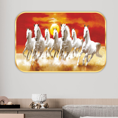 saf 7 Horses Large Sparkle Glossy Round Golden Framed Large Painting Digital Reprint 24 inch x 18 inch Painting(With Frame)