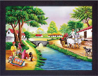 Masstone Beautiful Scenery of Village UV Matt Textured Effect Framed HD Digital Reprint 11 inch x 14 inch Painting(With Frame)
