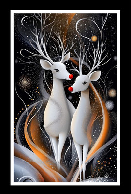 AARTKALA Magical White Reindeer Couple Wall Panting Frame A4 Canvas 12 inch x 8 inch Painting(With Frame)