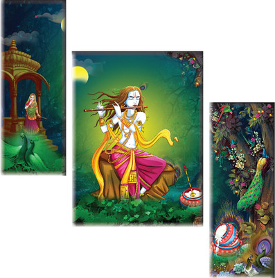 saf Divine Krishna Playing Flute Spiritual Wall Art | Depicting Lord Krishna & Radha Digital Reprint 12 inch x 20 inch Painting(Without Frame, Pack of 3)