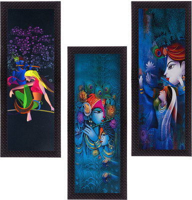 eCraftIndia Set Of 3 Radha Krishna Satin Matt Textured Canvas 53.34 cm x 40.64 cm Painting(With Frame, Pack of 3)
