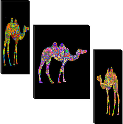 saf Tribal Camel Wall Art | Vibrant Multicolor Decorative Panels on Black Background Digital Reprint 12 inch x 20 inch Painting(Without Frame, Pack of 3)