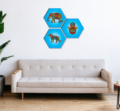Abstract Art Set OF 3 Hexagon UV Textured Self adhesive Wall Painting Digital Reprint 17 inch x 17 inch Painting (Without Frame, Pack of 3) Paper Print(17 inch X 17 inch)