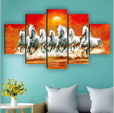 SNDArt (5P-9695) Vastu 7 lucky Running White Horses 5 Panal MDF wall Painting Digital Reprint 18 inch x 30 inch Painting(Without Frame, Pack of 5)