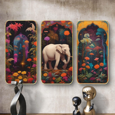 Aartify Set of 3 Elephant in Colorful Forest Wall Art|Nature Painting with Golden Border Digital Reprint 20 inch x 30 inch Painting(With Frame, Pack of 3)