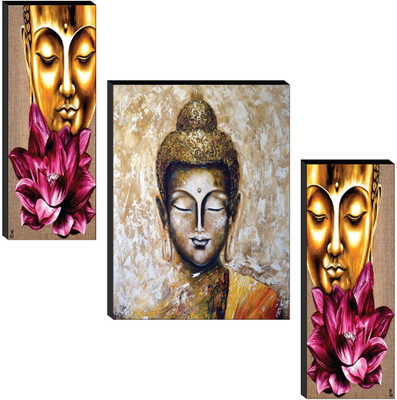 saf Buddha Wall Art | Golden Lotus Face with Meditative Buddha Center | Spiritual Digital Reprint 12 inch x 20 inch Painting(Without Frame, Pack of 3)