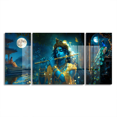 Five Kraft Premium Krishna Love Acrylic Set of 3 Glossy Wall Art Painting for Home Decor Acrylic 16 inch x 32 inch Painting(Without Frame)