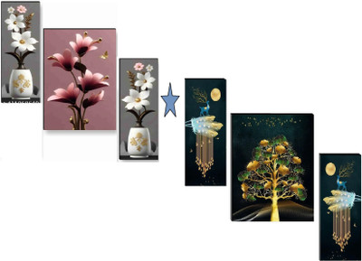 SNDArt Set Of 2 Flower Pots With Modern Art Deer Wall Paintings For Living Room Digital Reprint 12 inch x 18 inch Painting(Without Frame, Pack of 3)