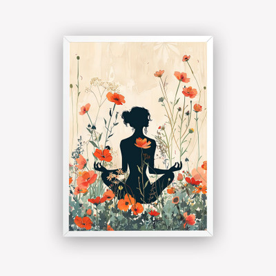 DECO THE HOME Meditation Wall Art Frame | Yoga with Floral Botanical Frame for Home Decor Digital Reprint 12 inch x 9 inch Painting(With Frame)