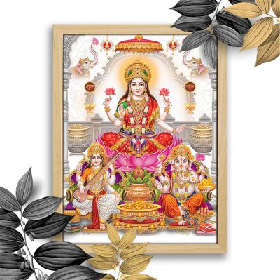 GoArt Lord Mahalakshmi Ganesh ji Wall Frame Poster with Frame wall hanging Art-56 Digital Reprint 14 inch x 11 inch Painting(With Frame)
