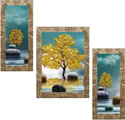 Indianara Set of 3 Abstract Art Framed (5353MBR) without glass Digital Reprint 13 inch x 10.2 inch Painting(With Frame, Pack of 3)