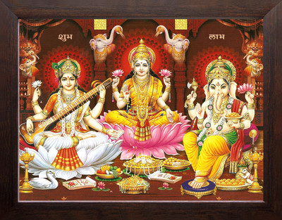 Artcoin MATA Laxmi with Devi Saraswati & Lord Ganesha, Religious & Decor Picture Frame. Digital Reprint 9 inch x 7 inch Painting(With Frame)