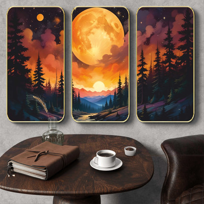 Aartify Set of 3 Golden Moonrise Mountain Wall Art | Sunset Landscape with Pine Trees Digital Reprint 20 inch x 30 inch Painting(With Frame, Pack of 3)
