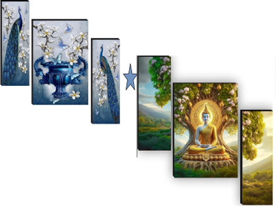 HALRE Set Of 2 Peacock Wall Painting With Lord Buddha Paintings For living Room Digital Reprint 11.5 inch x 17.5 inch Painting(Without Frame, Pack of 2)