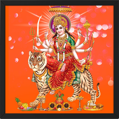 Ritwika's Abstract Wall Art Of Devi Durga Maa Sherawali Goddess Of Tiger for Home & Office Digital Reprint 13.5 inch x 13.5 inch Painting(With Frame)