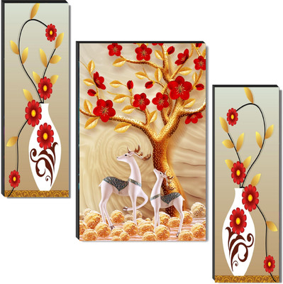 SNDArt Set Of 3 Deer Modern Art Wall Paintings For Living Room Digital Reprint 12 inch x 18 inch Painting(Without Frame, Pack of 3)