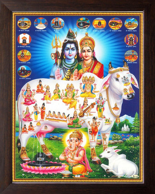 LVY Arts Lord Shiva with Kamadhenu cow and Various God Digital Reprint 10 inch x 8 inch Painting(With Frame)
