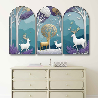 Aartify Golden & White Deer in Forest Wall Décor | Modern Nature Art for Home Digital Reprint 30 inch x 20 inch Painting(With Frame, Pack of 3)