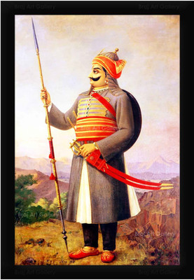 Braj Art Gallery Maharana Pratap Mewar King with Javelin and Sword Photo Frame Digital Reprint 19.5 inch x 13.5 inch Painting(With Frame)