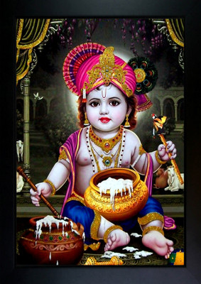 CrowdHall Bal Gopal Photo Frame | Bal Krishna Photo Frame Digital Reprint 13.5 inch x 10 inch Painting(With Frame)