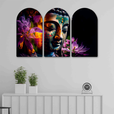 saf Buddha with Lotus Wall Painting Set of 3 | Spiritual Abstract Wall Art on MDF Digital Reprint 30 inch x 50 inch Painting(With Frame, Pack of 3)