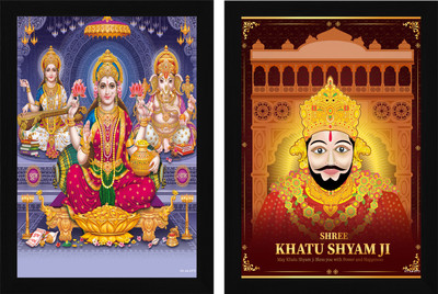 FRIZZY ARTS Divine Indian God – Lakshmi Saraswati Ganesh & Shree Khatu Shyam Ji Digital Reprint 13 inch x 10 inch Painting(With Frame, Pack of 2)