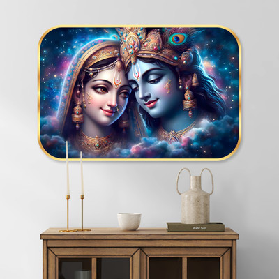 saf Radha Krishna Crystal Embedded High Gloss Surface with Golden Frame Digital Reprint 18 inch x 12 inch Painting(With Frame)