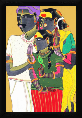 Braj Art Gallery Father Mother & Daughter Thota Vaikuntham Painting Photo Frame Digital Reprint 19.5 inch x 13.5 inch Painting(With Frame)
