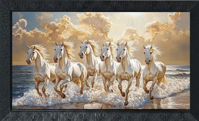 Tasvirra 7 Horses Ocean Waves Wall Art Painting for Living Room Bedroom Office Digital Reprint 12 inch x 9 inch Painting(With Frame)