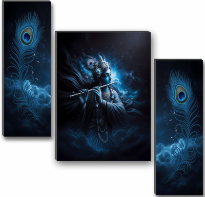 Wallwizard Set of 3 KRISHNA JI UV Textured Religious Theme Wall Painting Digital Reprint 18 inch x 12 inch Painting(Without Frame, Pack of 3)