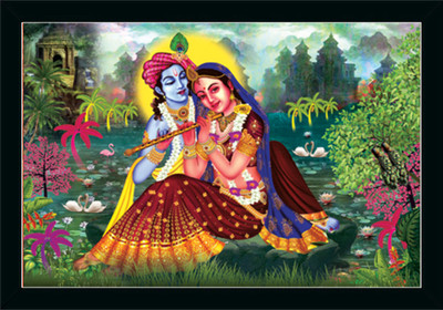 Dharvika Prime Radha krishna photo frame with sparkle coated lamination Digital Reprint 14 inch x 20 inch Painting(With Frame)
