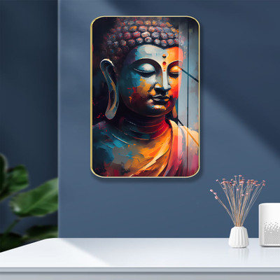 Masstone Premium Crystal Buddha Face Meditation High Gloss Surface Golden Slim Frame Glass Print 18 inch x 12 inch Painting(With Frame)