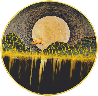 bareth brothers Mystic Moonlight - Golden Deer Resin Round Frame (12x12) Digital Reprint 12 inch x 12 inch Painting(With Frame)