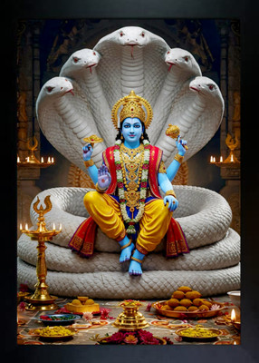 AVTRADERS Divine Harmony – Vishnu & Lakshmi on the Cosmic Serpent (10 Inch x 14 Inch) Religious Frame