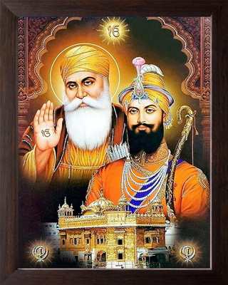 LVY Arts Guru Nanak Dev ji with Guru Gobind Singh ji and Golden Temple Decor-Brown Frame Digital Reprint 11 inch x 9 inch Painting(With Frame)