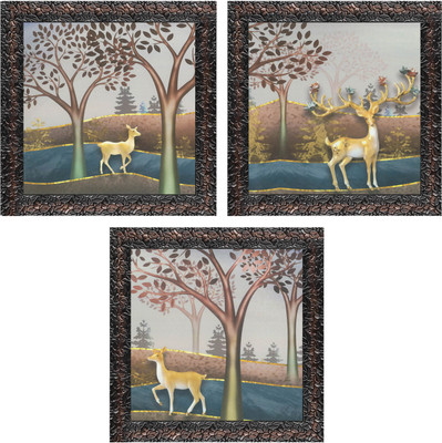 Indianara Set of 3 Modern MDF Art Painting without glass Digital Reprint 9.5 inch x 9.5 inch Painting(With Frame, Pack of 3)