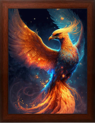 brosbliss Golden Phoenix Bird Digital Reprint With Brown Frame (10Inches X 13.5Inches) Digital Reprint 13.5 inch x 10 inch Painting(With Frame)