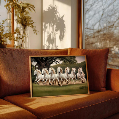 DECO THE HOME 7 White Horses Running Vastu Wall Art Frame |Lucky Horse for Home & Office Decor Digital Reprint 12 inch x 9 inch Painting(With Frame)