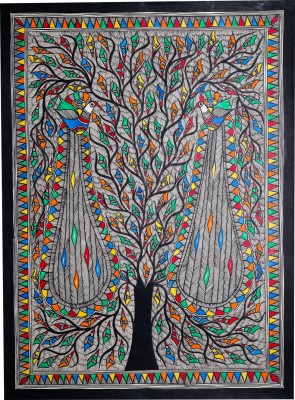 palak saxena Madhubani Handmade Wall Hanging Painting Of Auspicious Peacock on Tree Acrylic 24.2 inch x 32.2 inch Painting(Without Frame)