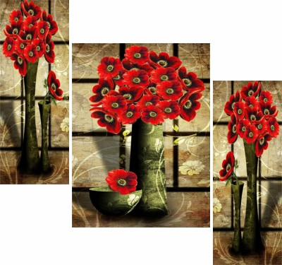 WALLMAX Set of 3 Flower Pot UV Coated Multi Effect Digital Reprint 12 inch x 18 inch Painting(With Frame, Pack of 3)