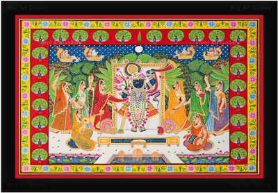 Braj Art Gallery Pichwai Painting Shrinathji Giving Darshan to Gopis in Vrindavan Photo Frame Digital Reprint 13.5 inch x 19.5 inch Painting(With Frame)