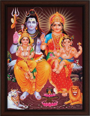 Masstone Lord Shiva Parvati Ganesha Parivar UV Textured Effect Framed HD Digital Reprint 14 inch x 11 inch Painting(With Frame)