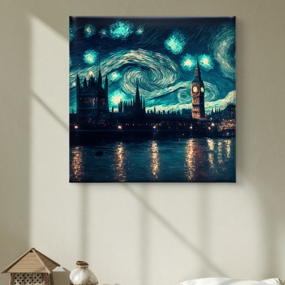 Aartify Starry Night Cityscape Canvas Painting – Framed Wall Art for Living Room Canvas 20 inch x 20 inch Painting(With Frame)
