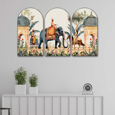 saf Royal Elephant Procession Wall Painting Set of 3 Traditional Indian Maharaja Art Digital Reprint 20 inch x 30 inch Painting(With Frame, Pack of 3)