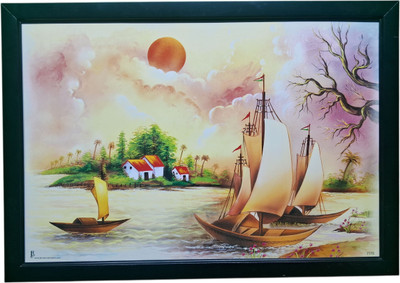 Shivakko Beautiful Sunset Sailboat Wall Painting | Nature Canvas Art Type Poster Framed Digital Reprint 13 inch x 19.5 inch Painting(With Frame)