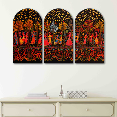 saf Traditional Indian Folk Art Wall Painting | Tribal Style Dance & Nature Design Digital Reprint 20 inch x 30 inch Painting(With Frame, Pack of 3)