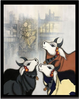 Dekozi POSTERWALA Three Cow Canvas Wall Art Digital Reprint 12 inch x 8 inch Painting(With Frame)