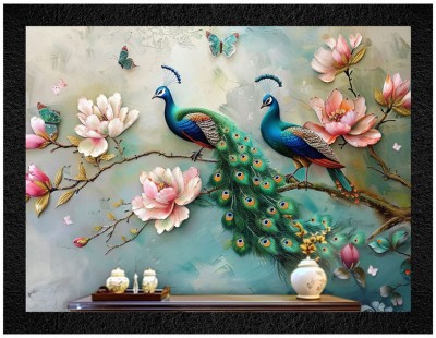 Bellebon Arts Elegant Peacock Wall Art with Blossoms for Living Room Decor Digital Reprint 14 inch x 11 inch Painting(With Frame)