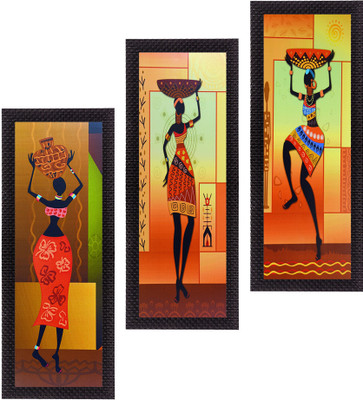 eCraftIndia Set of 3 Tribal Lady Canvas 53.34 cm x 40.64 cm Painting(With Frame, Pack of 3)